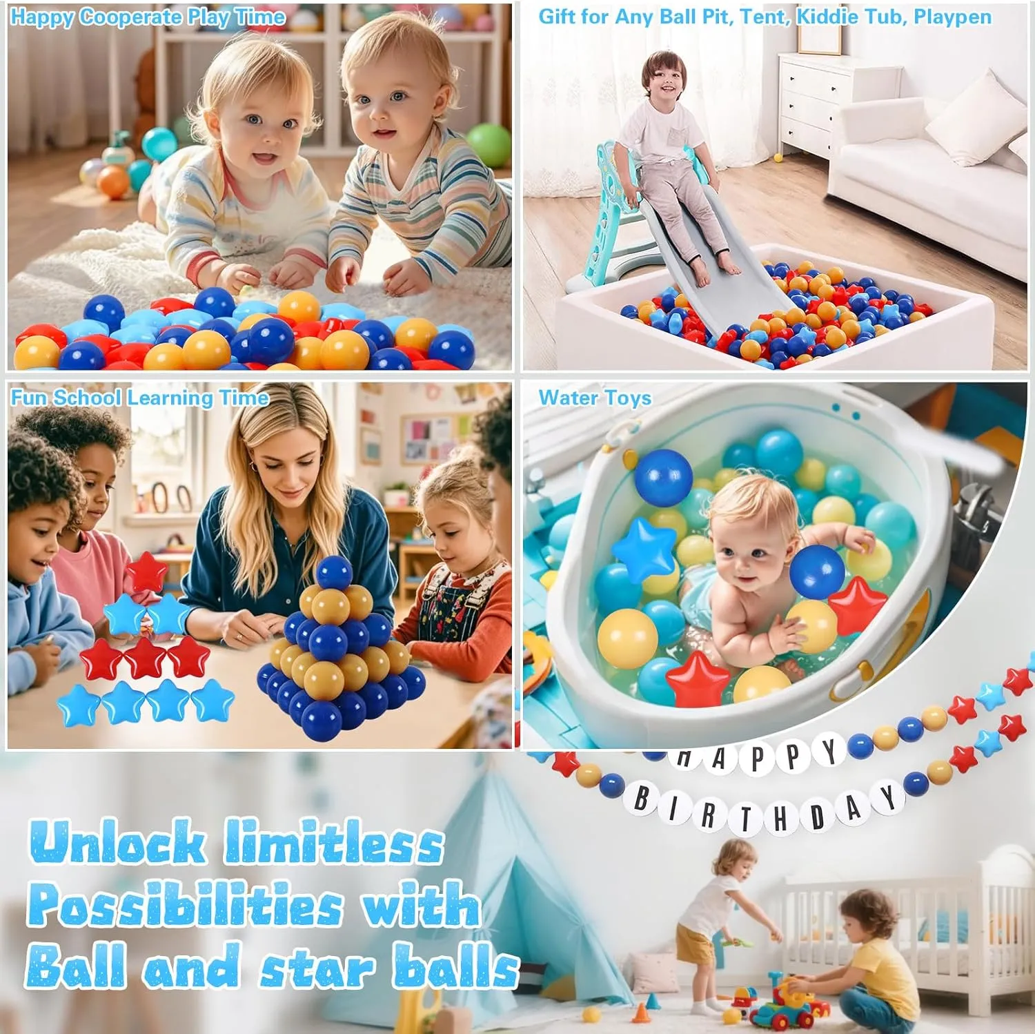 Star Ball Pit Balls for Toddlers Ball Pits, 50 100 200 500 1000 Ball Pit Ball Star Shapes for Kids, Boys Girls Bounce House, Play Tent, Baby Pool, Party Decoration.