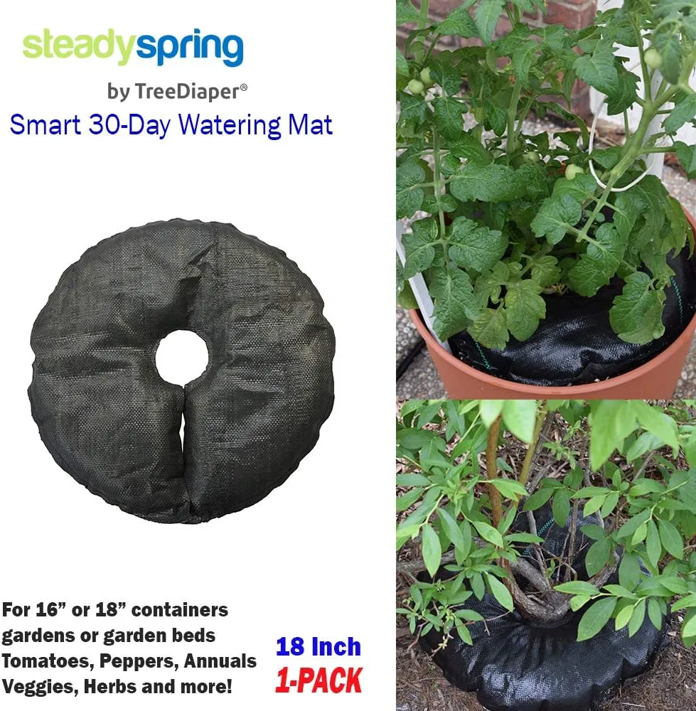 SteadySpring(R) Smart 30 Day Watering Mat Auto Refills with Rain for Tomato Plants, Peppers, Veggies, Perennials, Annuals in 1-2 Gallon Containers or with a 7 in to 10 in Root Ball (1)
