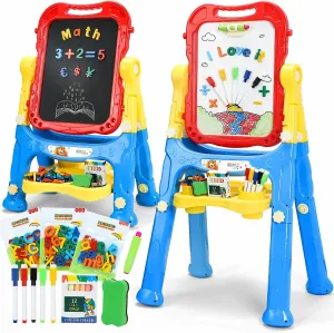 STEAM Life Large Art Easel for Kids, Double-Sided 4In1 Toddler Easel with Rotable Magnetic Chalkboard & White Drawing Board, Height Adjustable with Magnetic Letters & Numbers Gifts for Boys and Girls