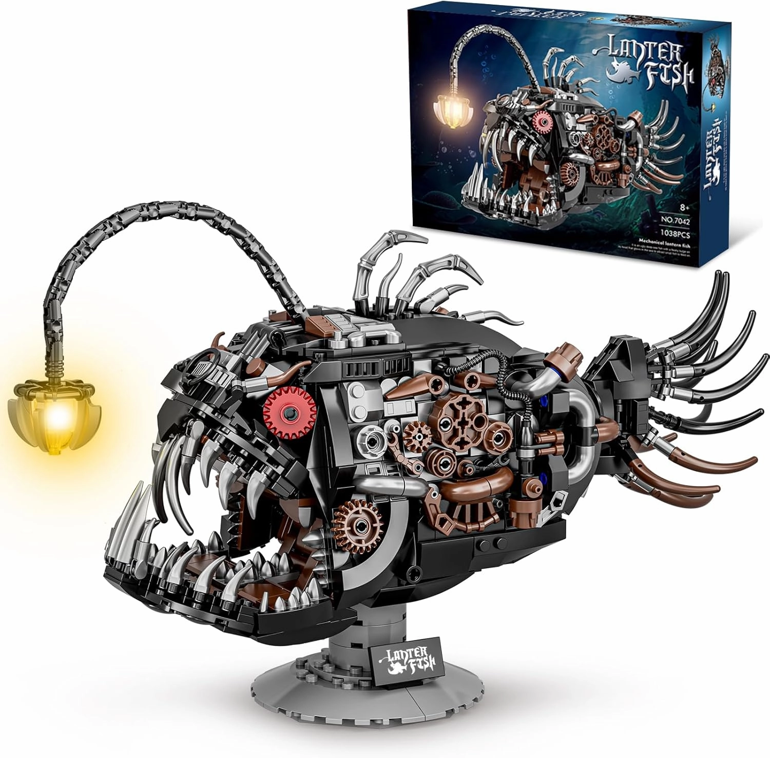 Steampunk Mechanical Lantern Fish Building Set with Light, Creative Ocean Animal Toy for Home Office Decor, Compatible with Adults, STEM Gift for Teens Kids Boys 8-14 (1038 PCS)