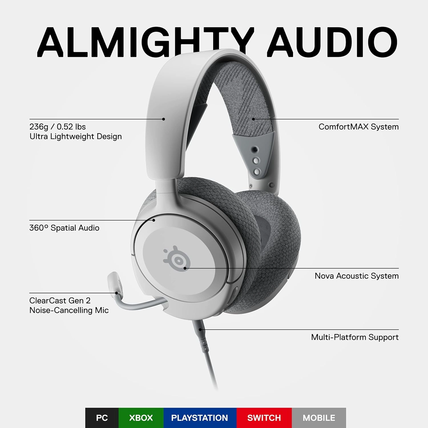SteelSeries Arctis Nova 1 Multi-System Gaming Headset — Hi-Fi Drivers — 360° Spatial Audio — Comfort Design — Durable — Ultra Lightweight — Noise-Cancelling Mic — PC, PS5/PS4, Switch, Xbox - White