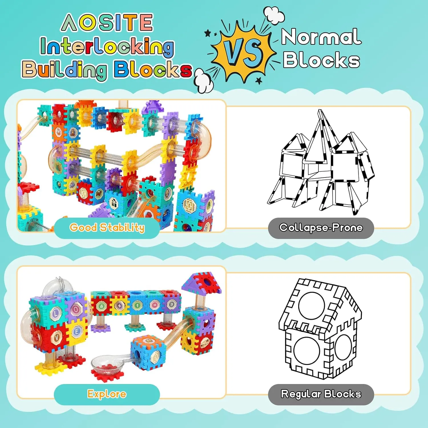 STEM Building Toy, AOSITE 234PCS Marbles Run Track Blocks Boys Girls Gift, Educational Race Track Construction for 3 4 5 6 7 8  Years, Creative Building Marbles Games Birthday Present & Learning Toy