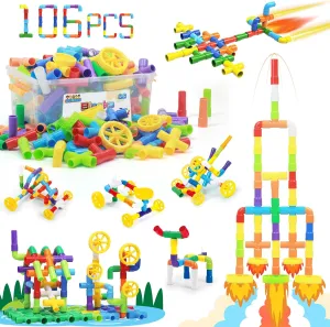 STEM Building Toy for Toddlers 106Pieces Tube Pipe Toy,Educational Preschool Game for 3  Years,Learning Building Blocks Play with Storage Box Gift Kit,Montessori Toys for Boys & Girls