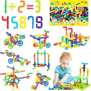 STEM Toy Pipe Tube Building Set for Kids, 175 Pcs Tube Locks Construction Building Blocks Set with Baseplate, Educational Learning Pipe Interlocking Toys Gift for Toddlers Kids Boys Girls Age 3 