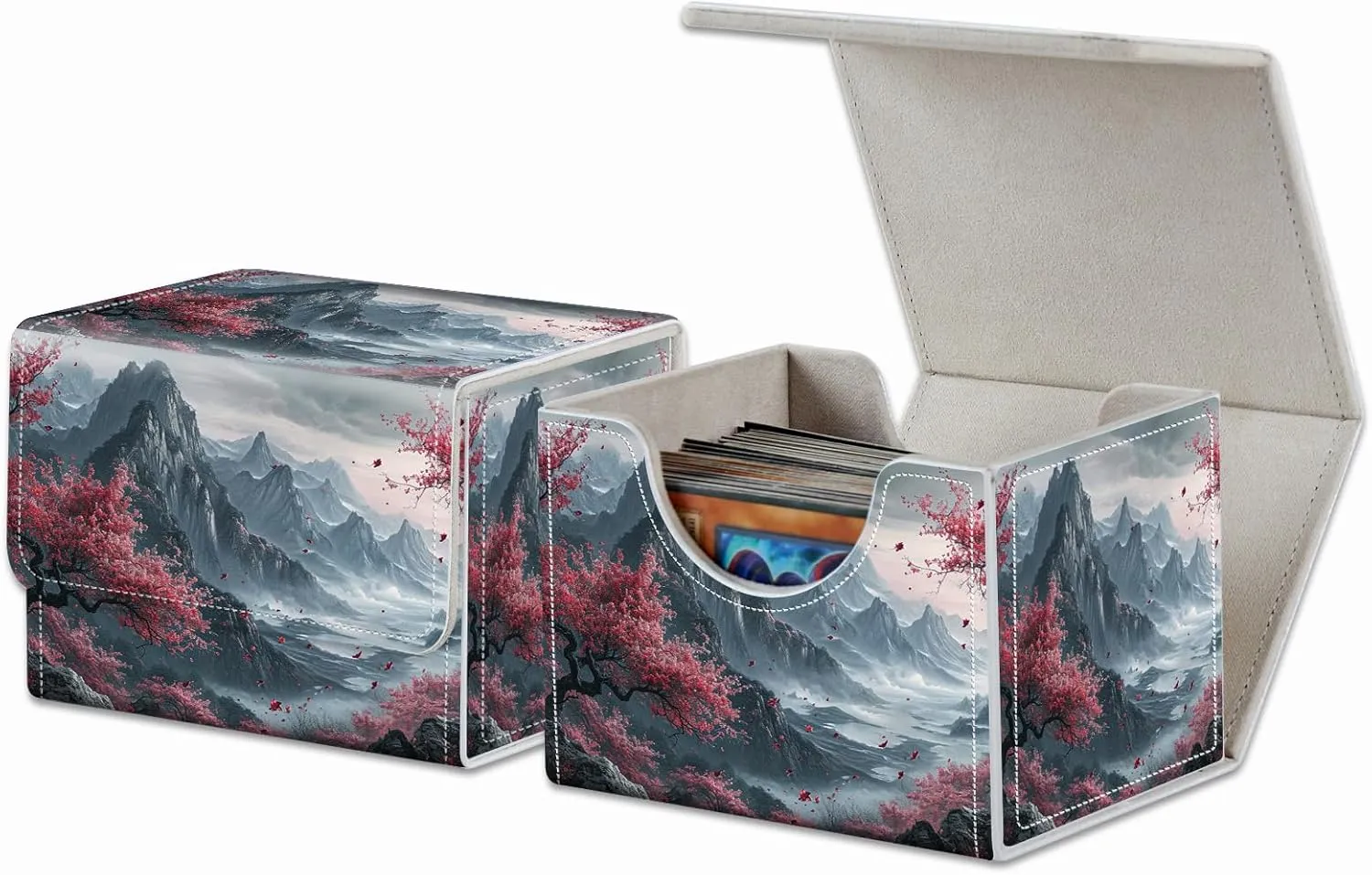 Strong Magnet Card Case Deck Box Mtg Card Box Playing Card Box Magic Deck Box Tcg Up to 200 Cards Creative Pattern Trading Card Storage Box for Collectible Card Games, Chinese Landscape Flowers