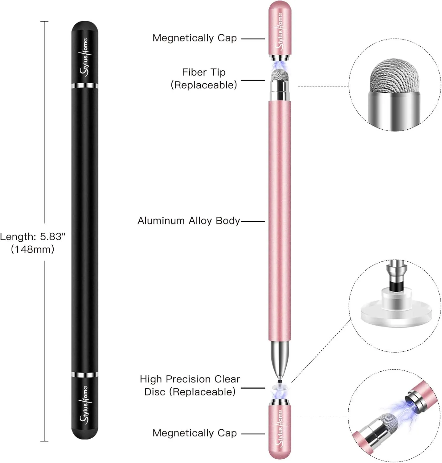 Stylus for iPad (2 Pcs), StylusHome Magnetic Disc Universal Stylus Pens Touch Screens for Apple/iPhone/Ipad pro/Mini/Air/Android/Microsoft/Surface All Capacitive Touch Screens - Black/Rose Gold