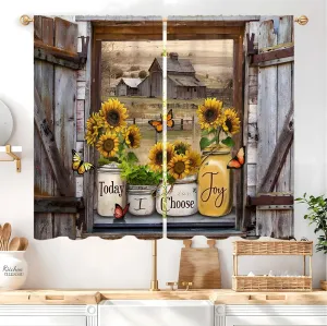 Sunflower Vintage Country Kitchen Curtains 27.5W X 39L Inch 2 Panels Rod Pocket-Brown Old Barn Door Butterfly Short Cafe Tier Curtains-Wood Floral Bathroom Window Drapes Treatment Home Decor