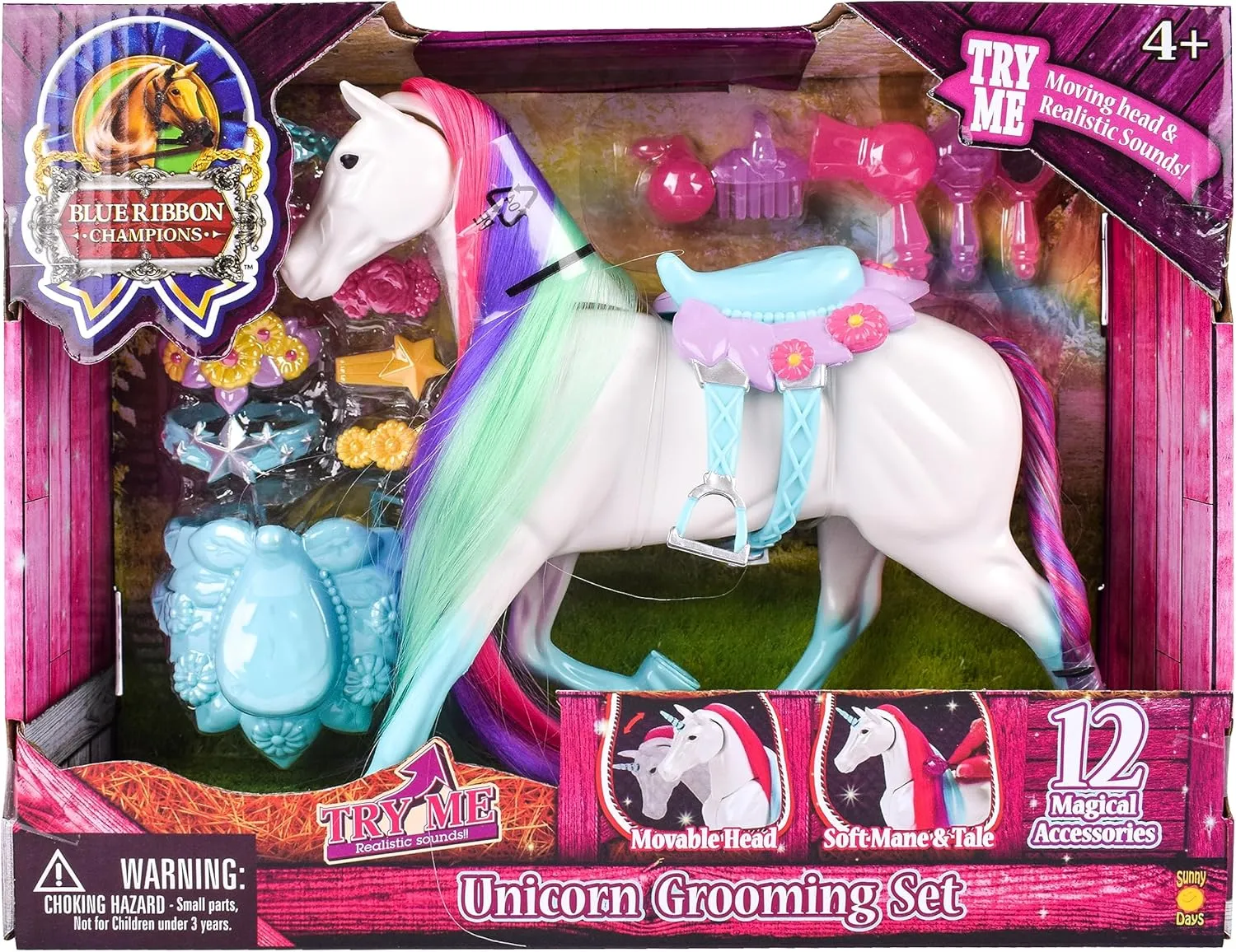 Sunny Days Entertainment Blue Ribbon Champions Fantasy Unicorn Grooming Set, Fantasy Toy Horse with Sounds and 12 Accessories, 4 
