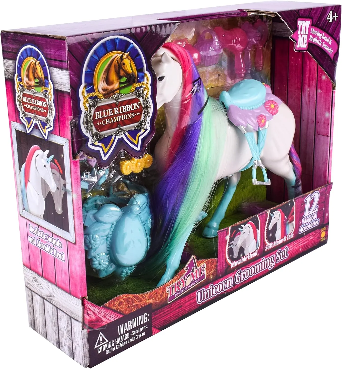Sunny Days Entertainment Blue Ribbon Champions Fantasy Unicorn Grooming Set, Fantasy Toy Horse with Sounds and 12 Accessories, 4 