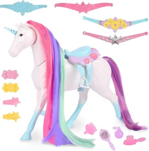 Sunny Days Entertainment Blue Ribbon Champions Fantasy Unicorn Grooming Set, Fantasy Toy Horse with Sounds and 12 Accessories, 4 