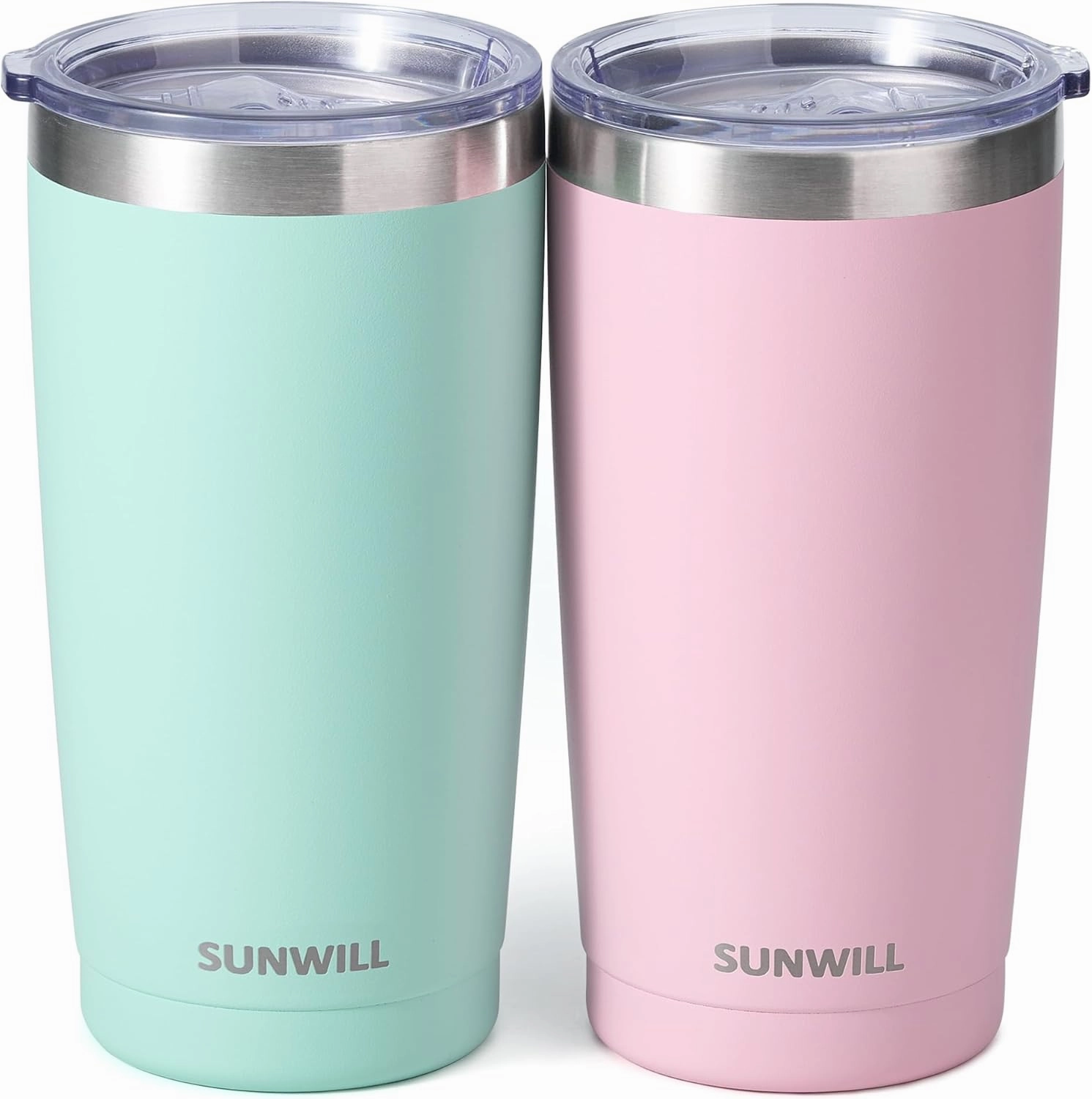 SUNWILL Travel Coffee Mug with Lid, 20 oz Tumbler Set of 2, Insulated Stainless Steel Cup for Water, Tea, Powder Coated Sakura & Mint