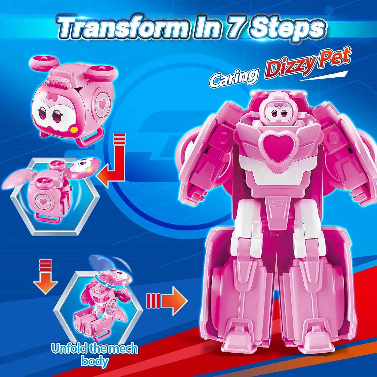 Super Wings 2-in-1 Transforming Mech Robot, 2.4" Dizzy Pet or 4.3" Mecha Mode, Transformable Toys Rescue Bots for Boys and Girls Age 3 , Gifts for Preschool Kids, Pink