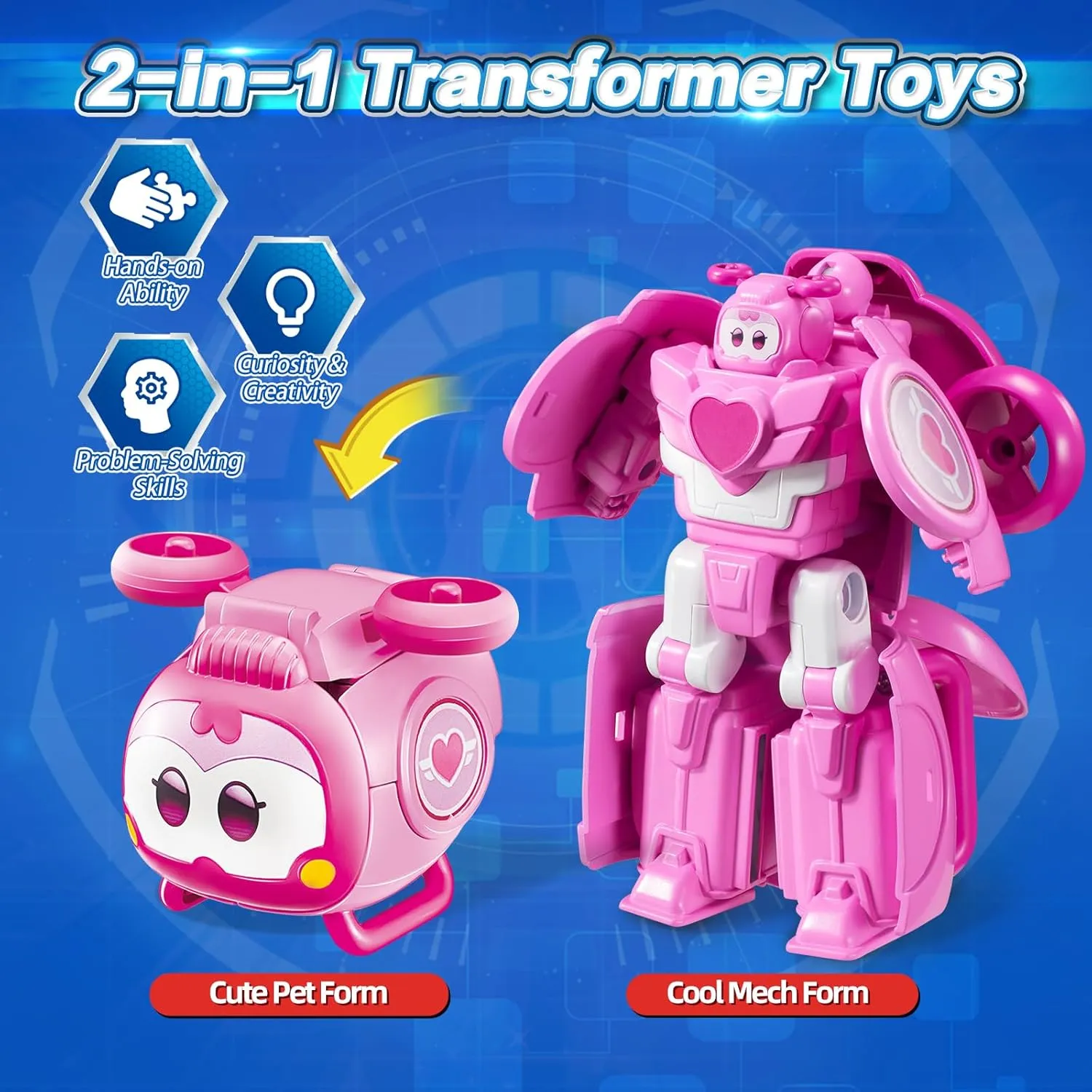 Super Wings 2-in-1 Transforming Mech Robot, 2.4" Dizzy Pet or 4.3" Mecha Mode, Transformable Toys Rescue Bots for Boys and Girls Age 3 , Gifts for Preschool Kids, Pink
