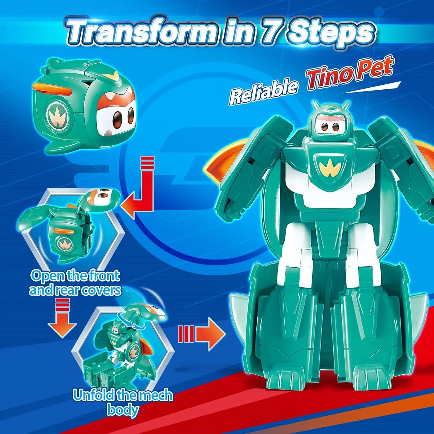 Super Wings 2-in-1 Transforming Mech Robot, 2.4" Tino Pet or 4.3" Mecha Mode, Transformable Toys Rescue Bots for Boys and Girls Age 3 , Gifts for Preschool Kids, Green
