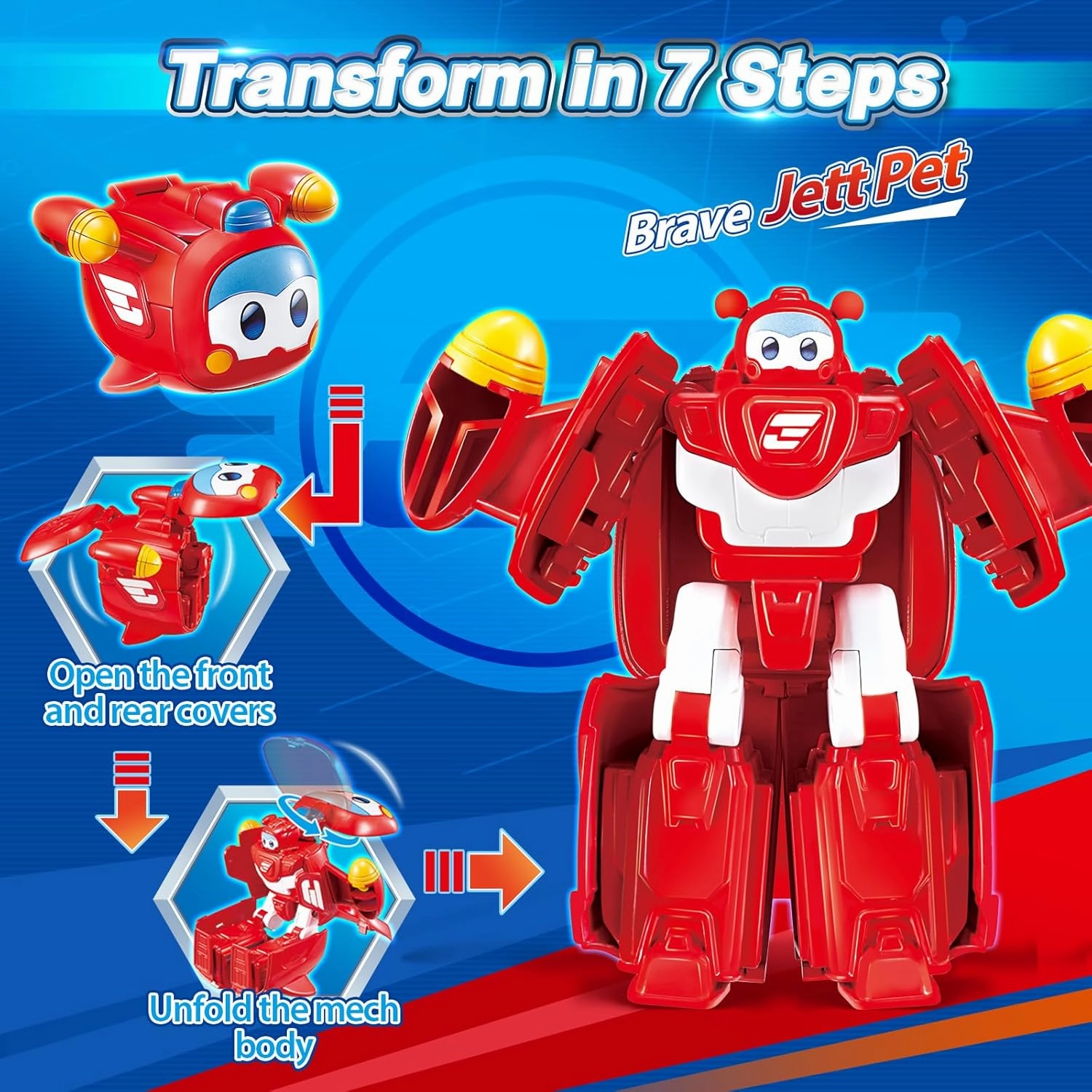 Super Wings 2-in-1 Transforming Mech Robot, 2.4" Jett Pet or 4.3" Mecha Mode, Transformable Toys Rescue Bots for Boys and Girls Age 3 , Gifts for Preschool Kids, Red