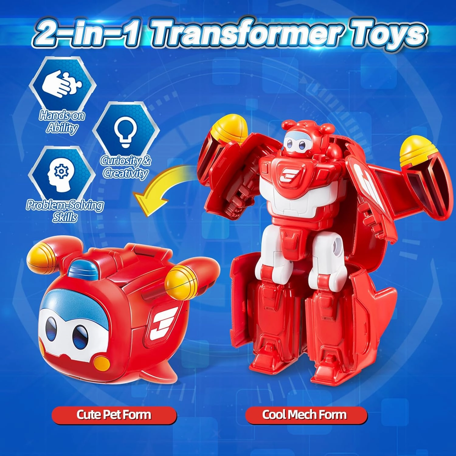 Super Wings 2-in-1 Transforming Mech Robot, 2.4" Jett Pet or 4.3" Mecha Mode, Transformable Toys Rescue Bots for Boys and Girls Age 3 , Gifts for Preschool Kids, Red