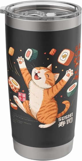 Sushi Eating Cat Lover Girls Boys Japanese Kawaii Harajuku Stainless Steel Insulated Tumbler