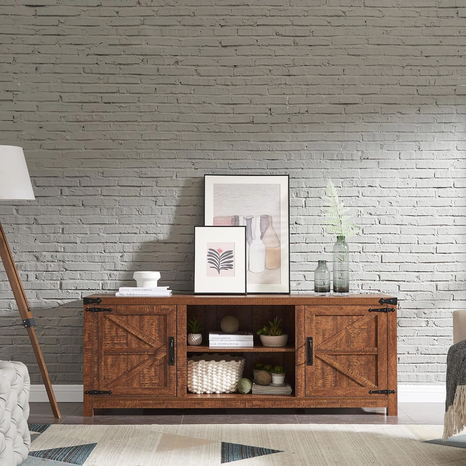 T4TREAM Farmhouse TV Stand for TVs Up to 75 inches, Wood Barn Door Media Television Console Table with Storage Cabinets, Easy Assembly Modern Entertainment Center for Living Room, Reclaimed Barnwood