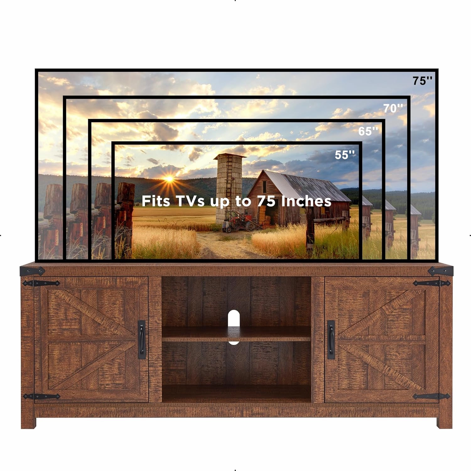 T4TREAM Farmhouse TV Stand for TVs Up to 75 inches, Wood Barn Door Media Television Console Table with Storage Cabinets, Easy Assembly Modern Entertainment Center for Living Room, Reclaimed Barnwood
