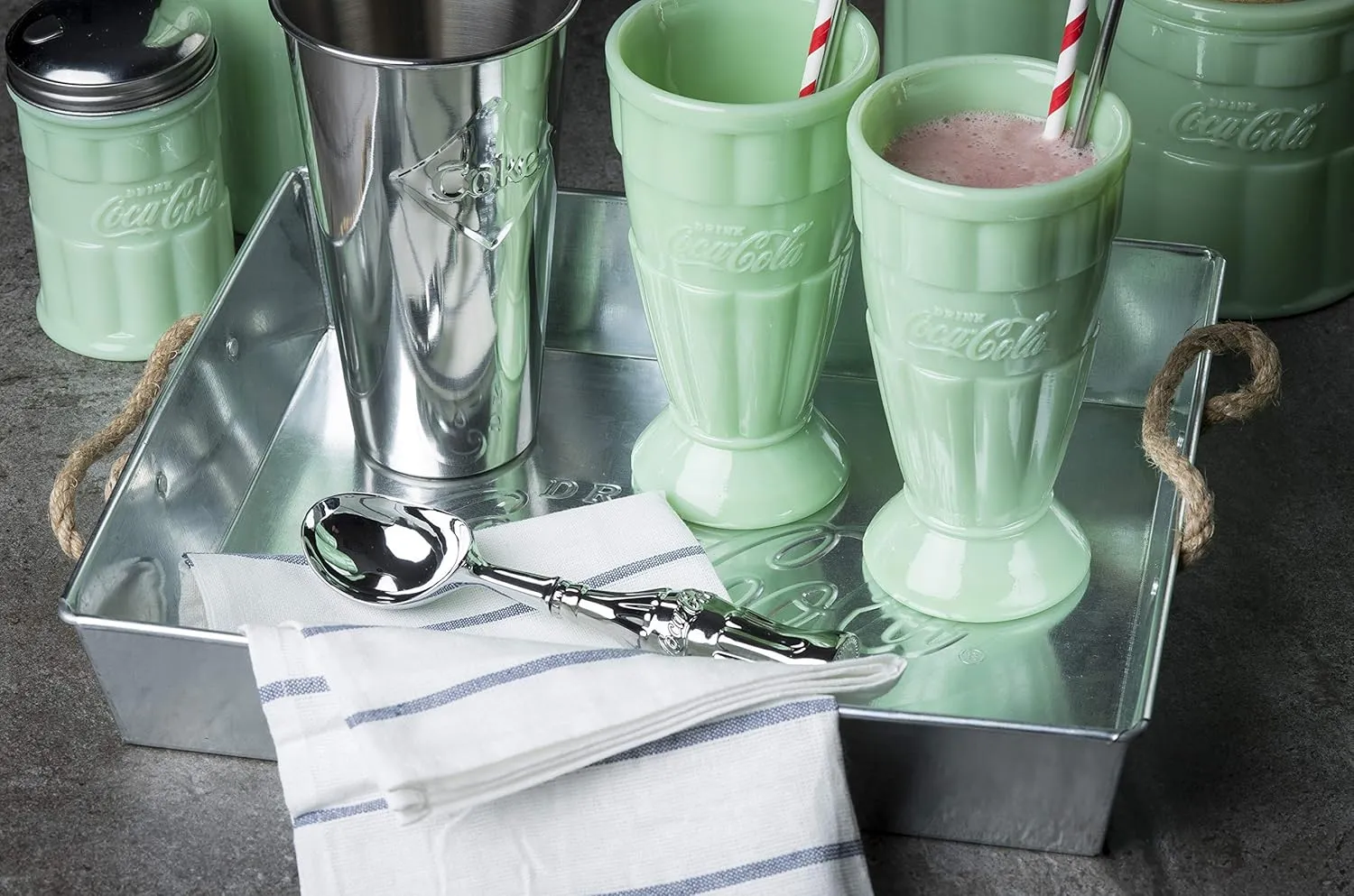 Tablecraft Coca-Cola Jadeite Malt Cup 16 oz, Set of 2, Green