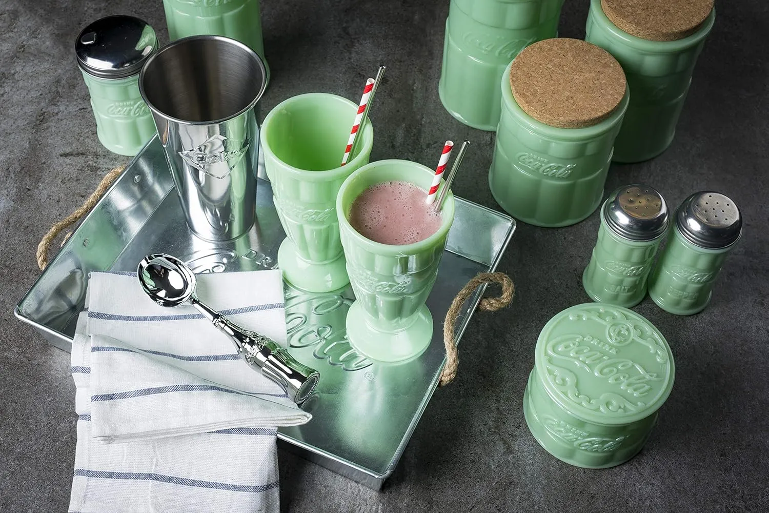 Tablecraft Coca-Cola Jadeite Malt Cup 16 oz, Set of 2, Green