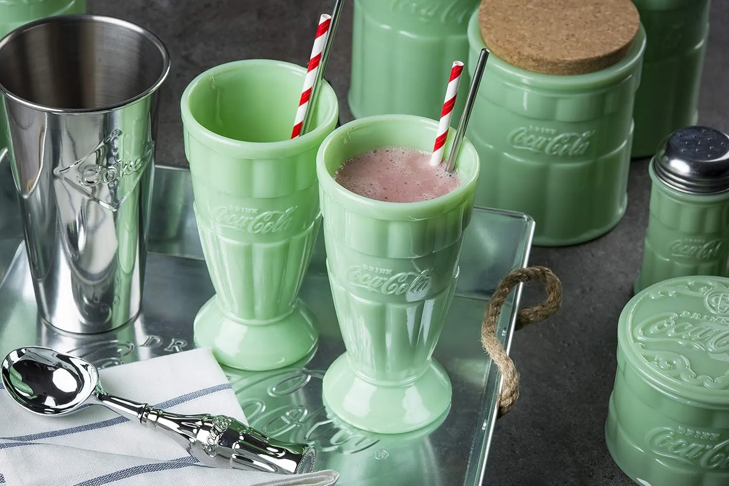 Tablecraft Coca-Cola Jadeite Malt Cup 16 oz, Set of 2, Green