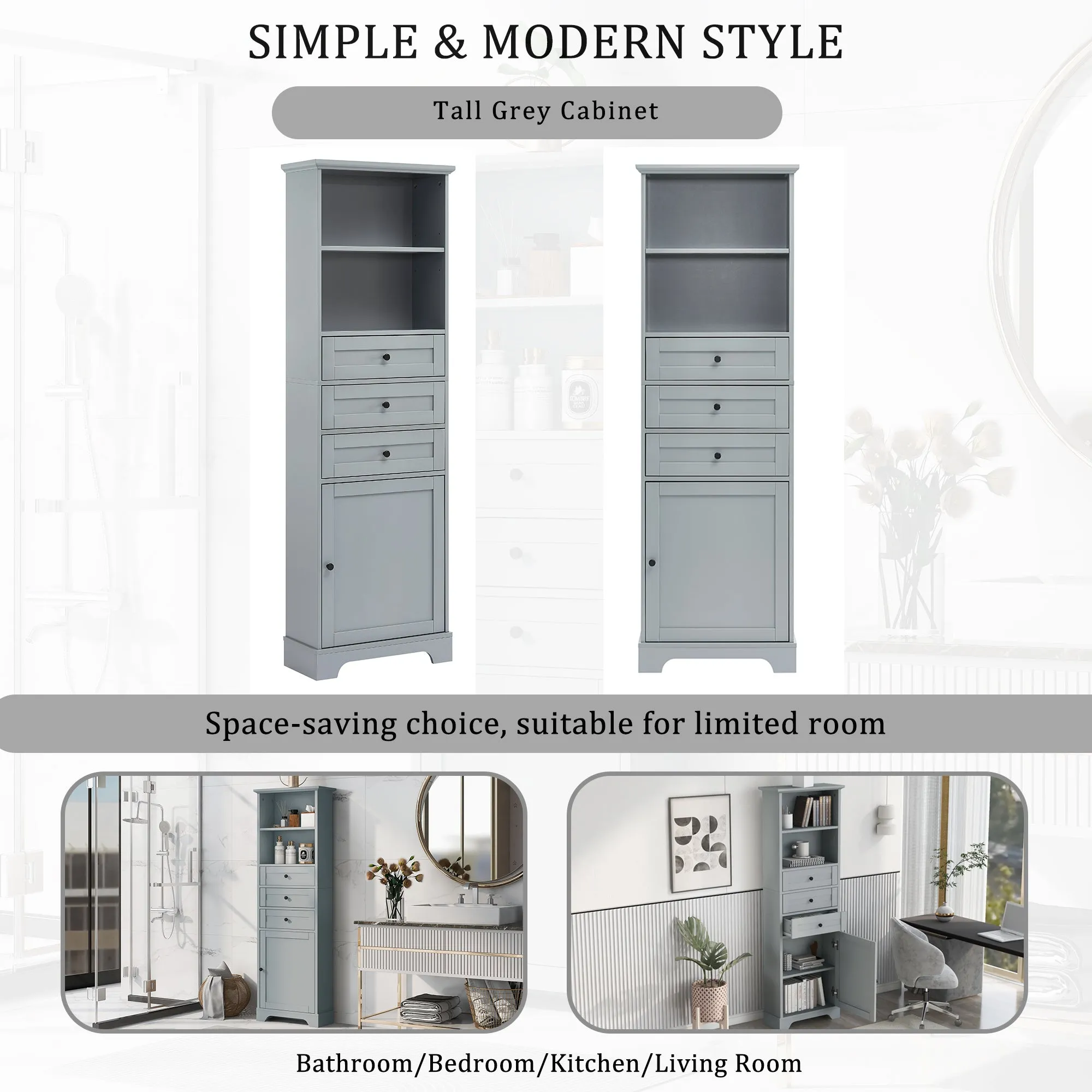 Tall Storage Cabinet with 3 Drawers and Adjustable Shelves for Bathroom;  Kitchen and Living Room;  MDF Board with Painted Finish