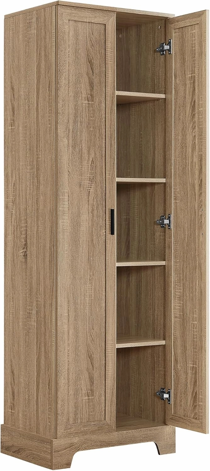 Tall Storage Cabinet, Bathroom Floor Freestanding Storage Cabinet with 2 Doors, 5 Shelves, and Adjustable Shelves for Bathroom, Office, Living Room, Brown