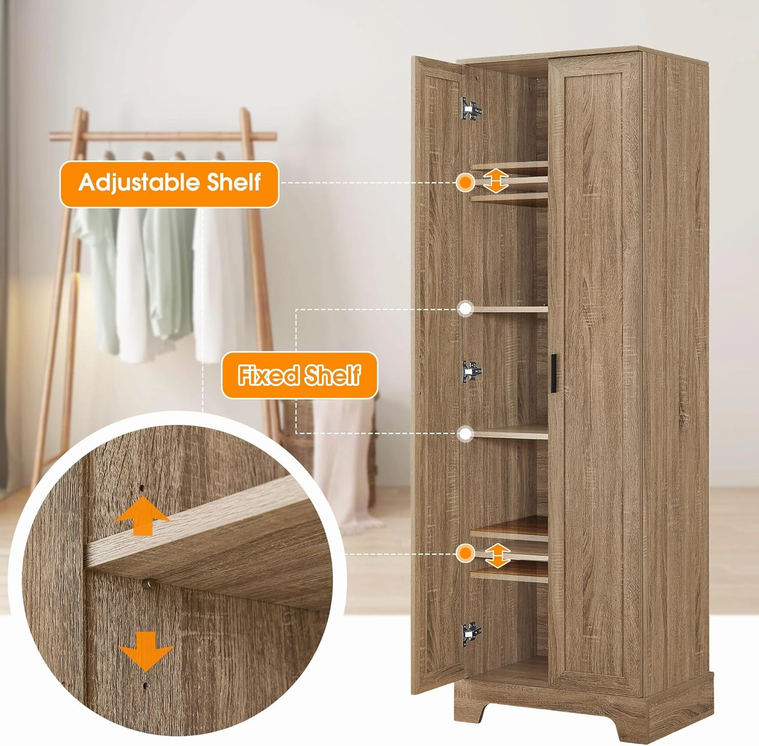 Tall Storage Cabinet, Bathroom Floor Freestanding Storage Cabinet with 2 Doors, 5 Shelves, and Adjustable Shelves for Bathroom, Office, Living Room, Brown