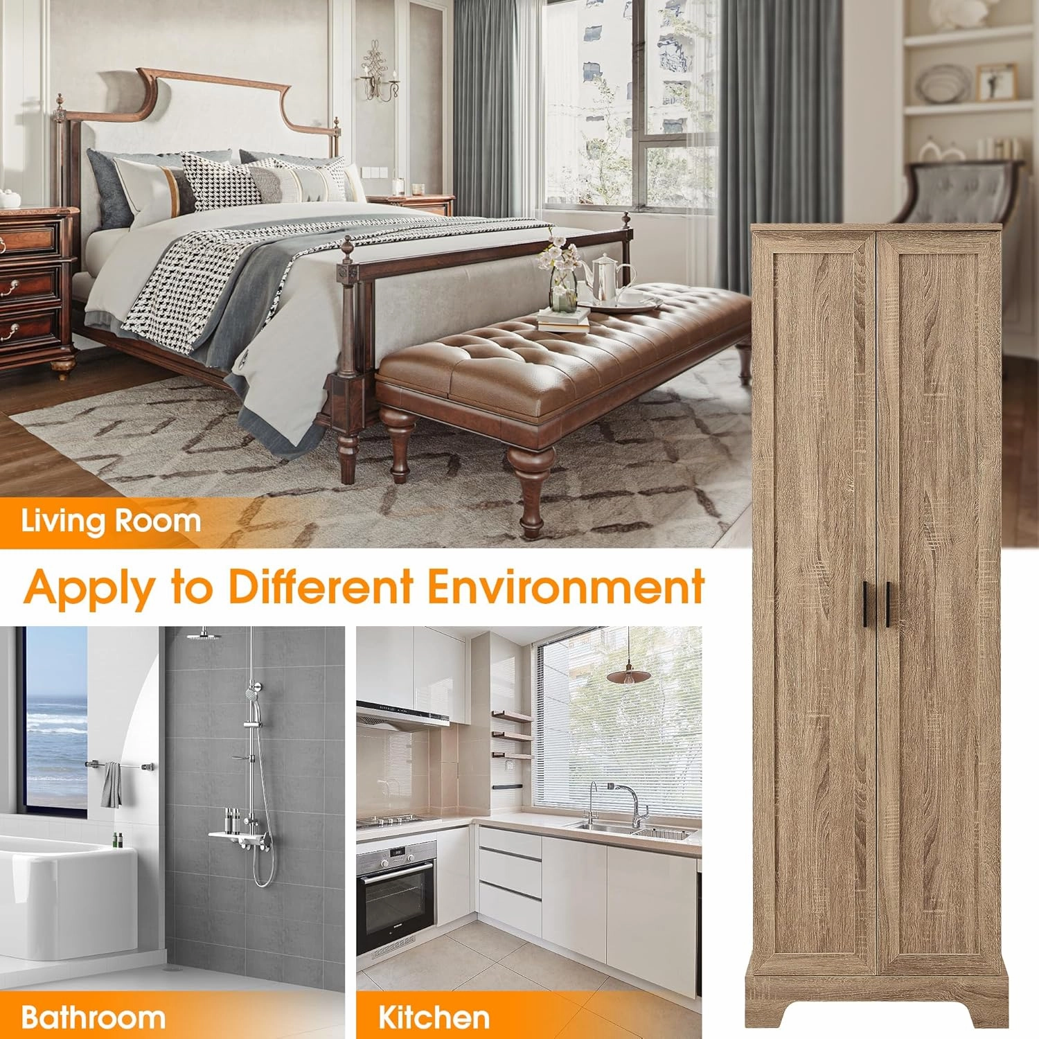 Tall Storage Cabinet, Bathroom Floor Freestanding Storage Cabinet with 2 Doors, 5 Shelves, and Adjustable Shelves for Bathroom, Office, Living Room, Brown