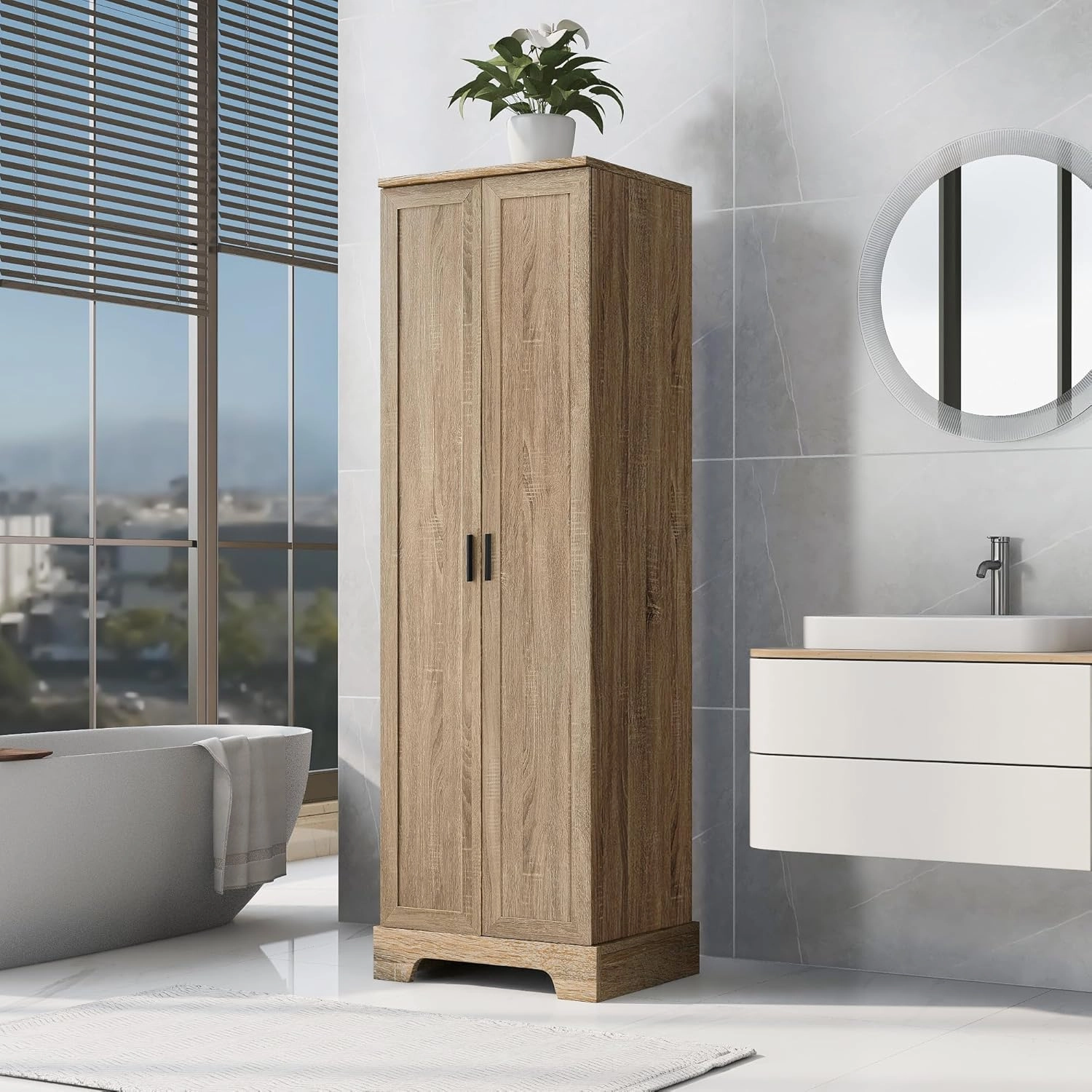 Tall Storage Cabinet, Bathroom Floor Freestanding Storage Cabinet with 2 Doors, 5 Shelves, and Adjustable Shelves for Bathroom, Office, Living Room, Brown
