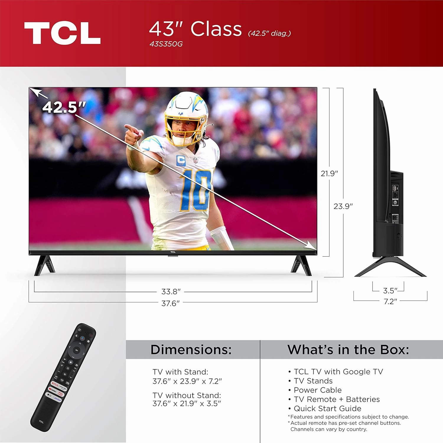 TCL 43-Inch Class S3 1080p LED Smart TV with Google TV (43S350G, 2023 Model), Google Assistant Built-in with Voice Remote, Compatible with Alexa, Streaming FHD Television,Black