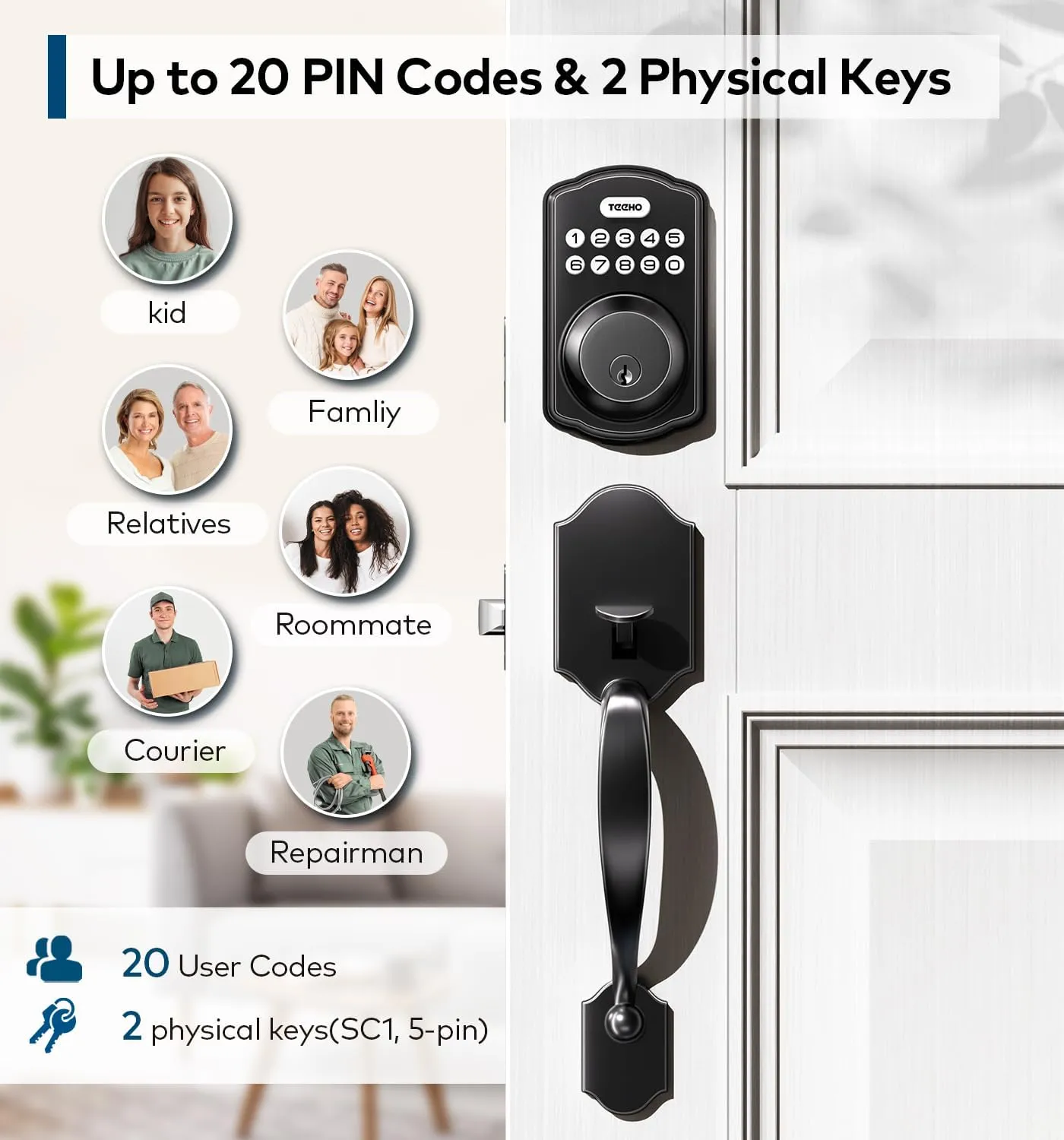 TEEHO Keyless Entry Door Lock Deadbolt with Handle Set, Electronic Digital Smart Locks Set for Front Door with 2 Keys, Easy to Install Keypad Deadbolt, Auto Lock - Matte Black