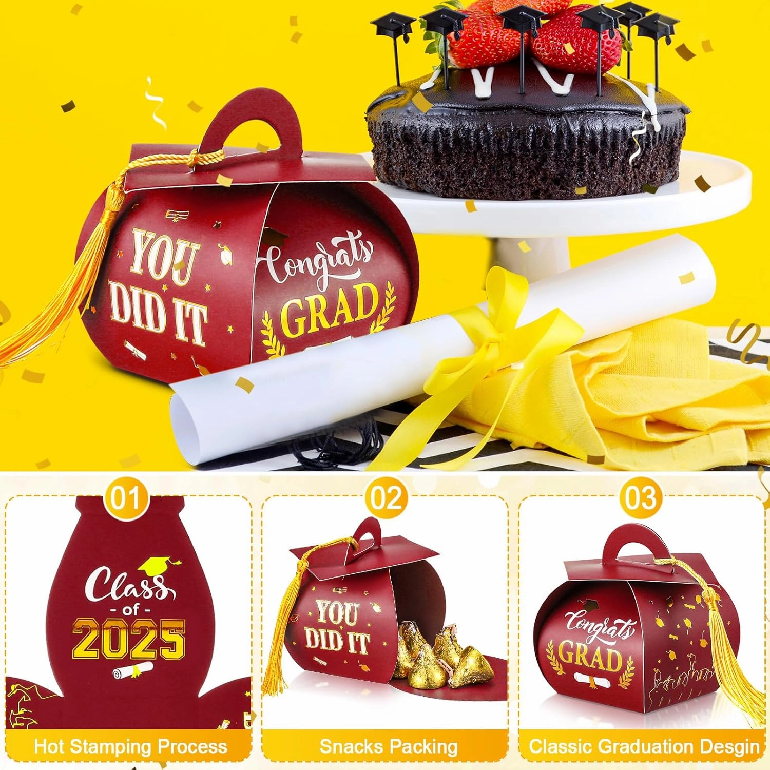 Teling 50 Pcs 2025 Graduation Cap Gift Boxes Graduation Candy Treat Boxes with Gold Tassel Class of 2025 Congrats Grad Party Favor Supplies for Chocolate Grad Flower Keepsake Decorations(Wine Red)