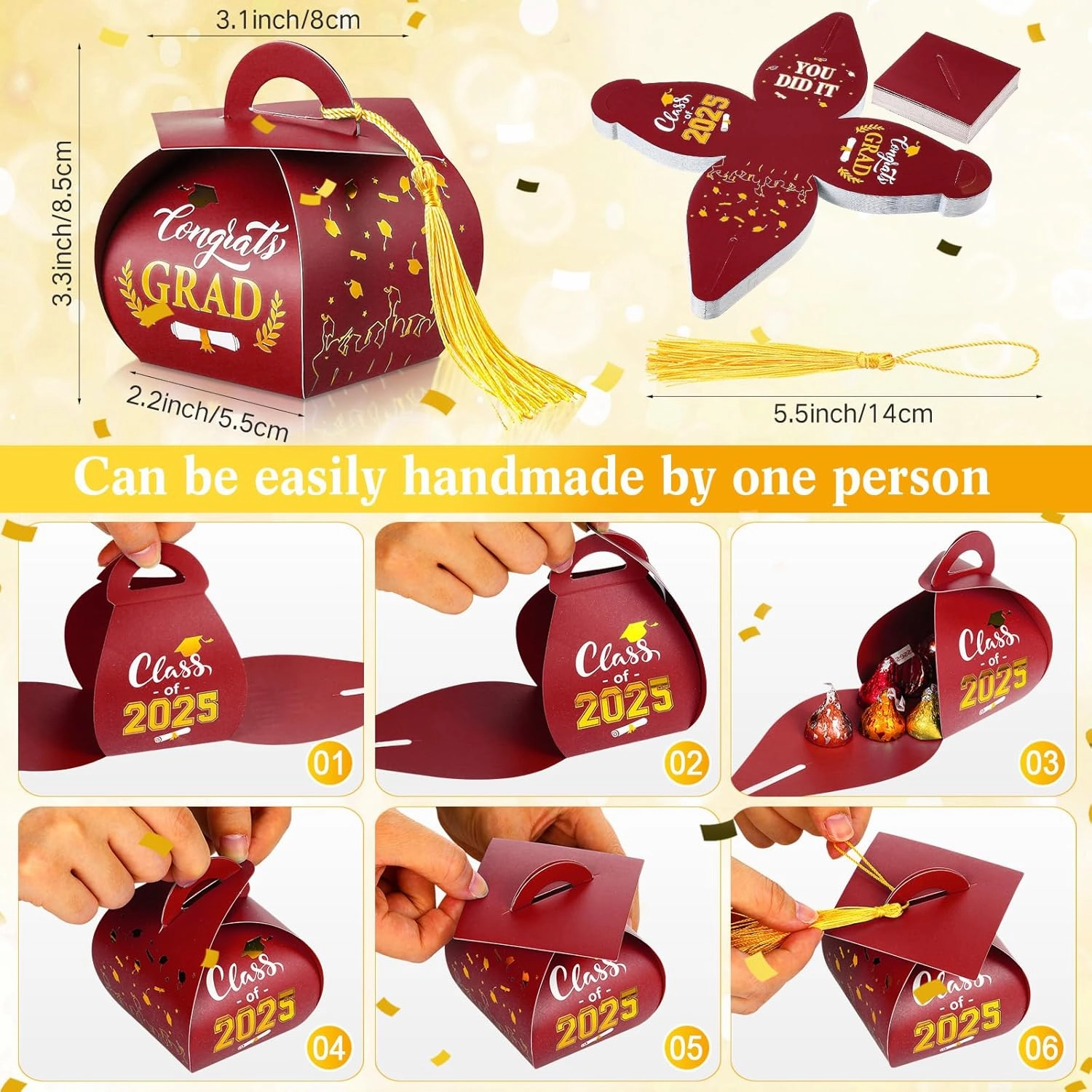 Teling 50 Pcs 2025 Graduation Cap Gift Boxes Graduation Candy Treat Boxes with Gold Tassel Class of 2025 Congrats Grad Party Favor Supplies for Chocolate Grad Flower Keepsake Decorations(Wine Red)