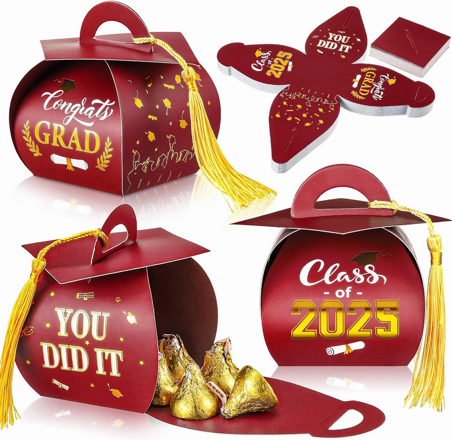 Teling 50 Pcs 2025 Graduation Cap Gift Boxes Graduation Candy Treat Boxes with Gold Tassel Class of 2025 Congrats Grad Party Favor Supplies for Chocolate Grad Flower Keepsake Decorations(Wine Red)