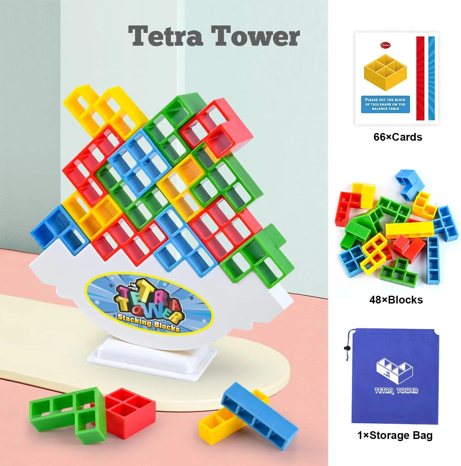 Tetra Balancing Stacking Tower Toys, 48PCS Board Games for Kids & Adults, 2 players Balance Game Team Building Blocks STEM Toy with Storage Bag, Boys Girls Gifts, Perfect for Family, Parties, Travel