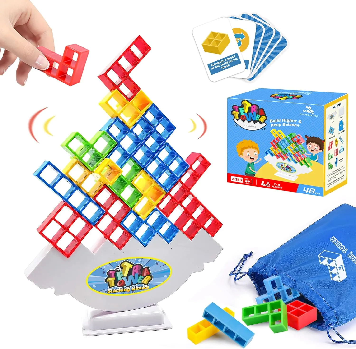 Tetra Balancing Stacking Tower Toys, 48PCS Board Games for Kids & Adults, 2 players Balance Game Team Building Blocks STEM Toy with Storage Bag, Boys Girls Gifts, Perfect for Family, Parties, Travel