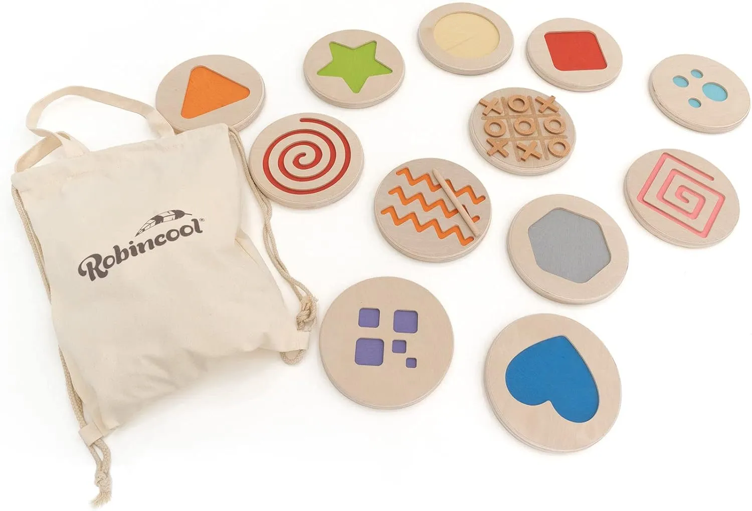 Textures Set for Baby | Geometric Shapes and Montessori Numbers in Organic Wood Playful Little Steps | Large Chips with Diameter of 20 cm | 3 in Stripe for Children   12 Months