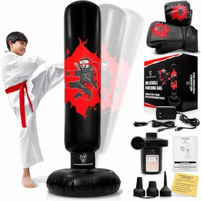 THB Punching Bag for Kids - Inflatable Punching Bag Stand with Boxing Gloves for Kids Age 3-8, 63” Ninja Boxing Bag with Electric Air Pump to Practice Taekwondo, Karate, MMA, Bouncing Back Boxing Set