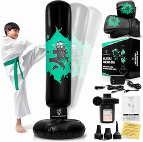 THB Punching Bag for Kids - Inflatable Punching Bag Stand with Boxing Gloves for Kids Age 3-8, 63” Ninja Boxing Bag with Electric Air Pump to Practice Taekwondo, Karate, MMA, Bouncing Back Boxing Set