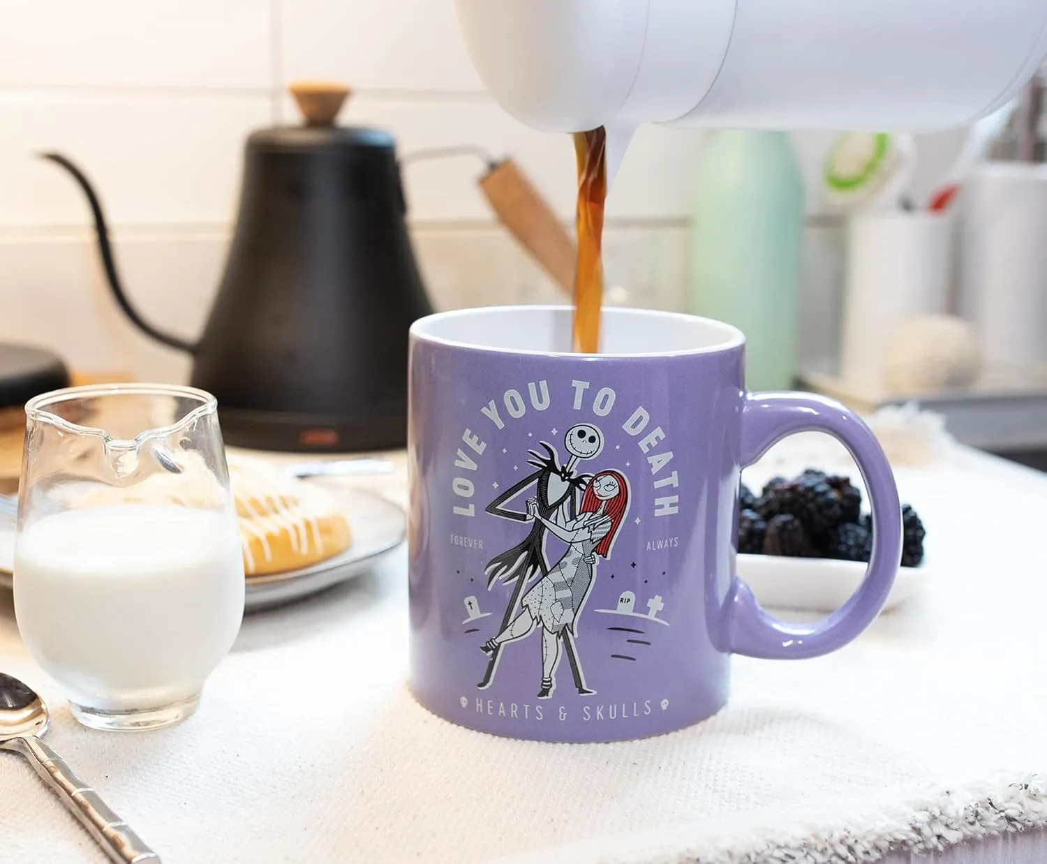 The Nightmare Before Christmas "Love You To Death" Jack and Sally Ceramic Coffee Mug, Oversized Large Cup | Novelty Drinkware For Tabletop | Official Disney Kitchen Accessories | Holds 20 Ounces