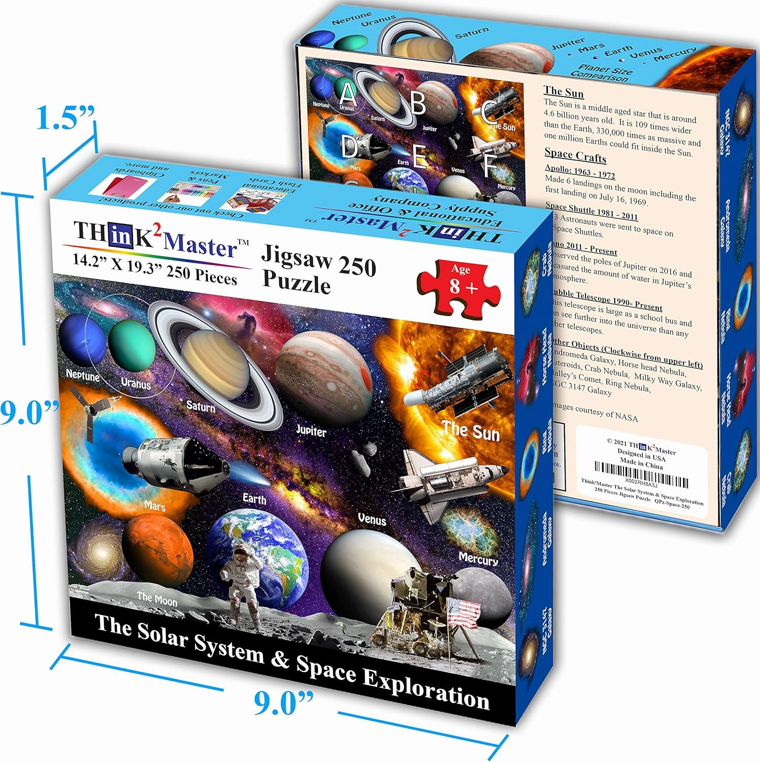 Think2Master Solar System & Space Exploration 250 Pieces Jigsaw Puzzle Fun Educational Toy for Kids 6-8 8-10 10-12, School & Families. Great Gift for Boys & Girls Ages 8  for Learning. 14.2” X 19.3”