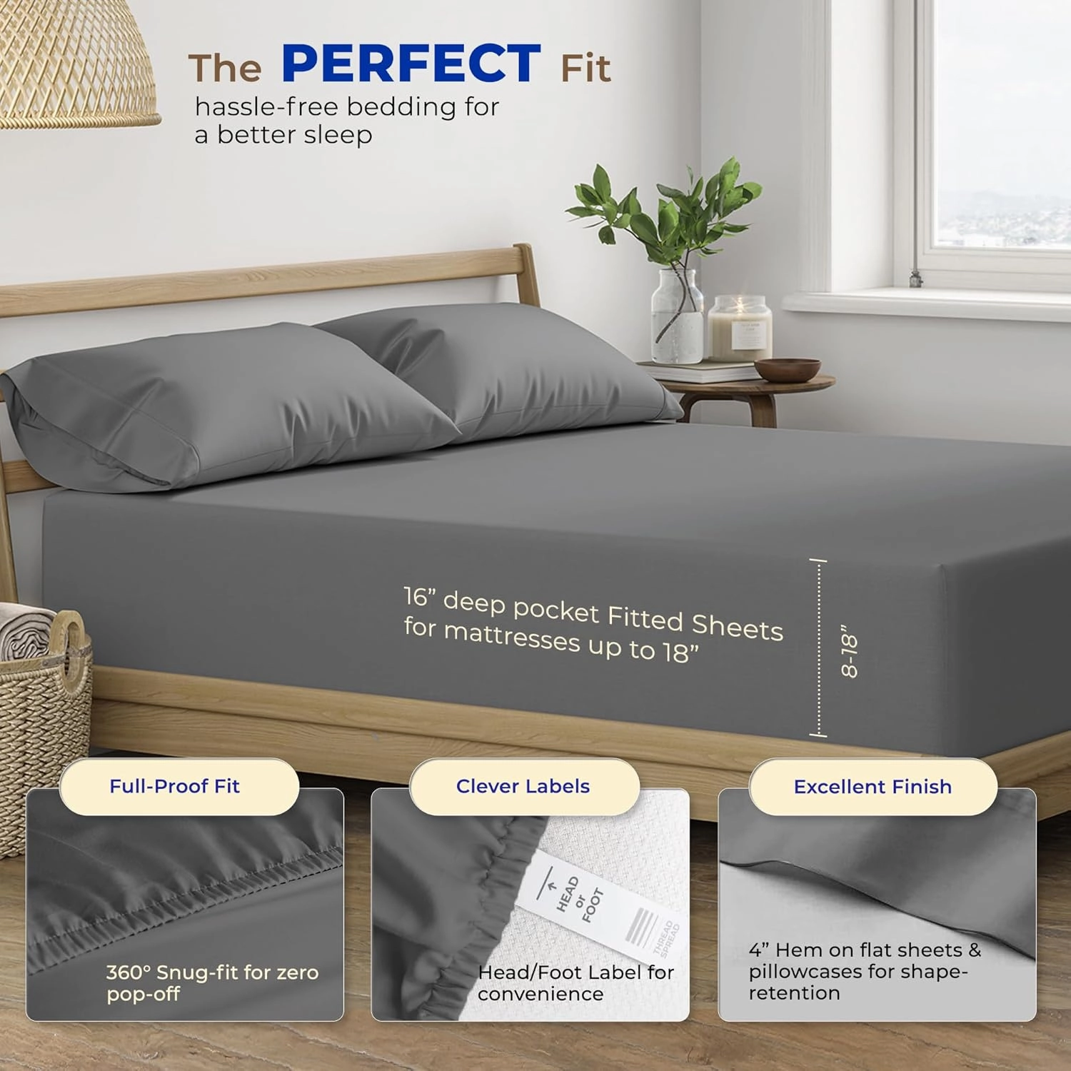 THREAD SPREAD Luxury Pure Egyptian Cotton Sheets Twin XL Size - 600 Thread Count 3 PC Twin XL Sheets Deep Pockets, Cooling Sateen Weave College Dorm Bedding Twin XL, Fits Mattress Upto 18"- Dark Grey