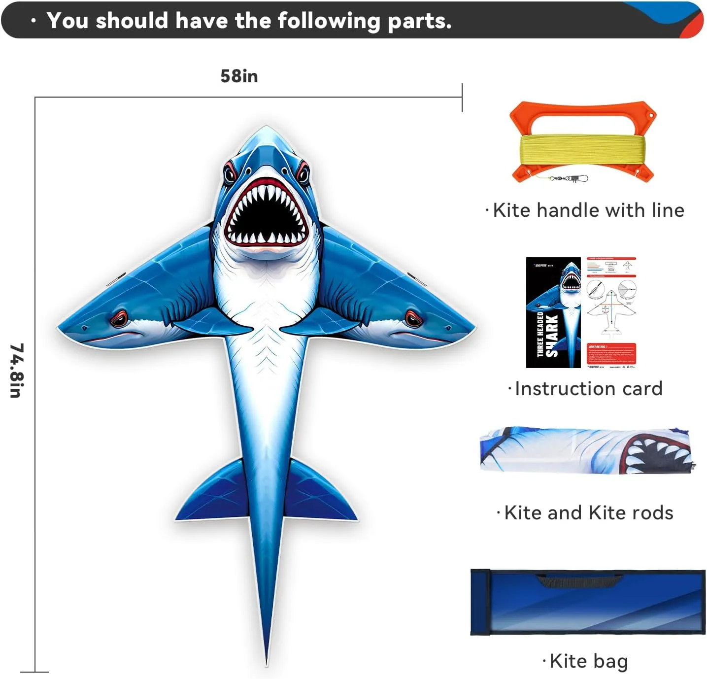 Three Headed Shark Kite for Kids and Adults,Kites for Kids Ages 8-12 Easy to Fly,Single Line Beach and Park Kite for Family Outdoor Games & Activities (Three-Headed Shark)
