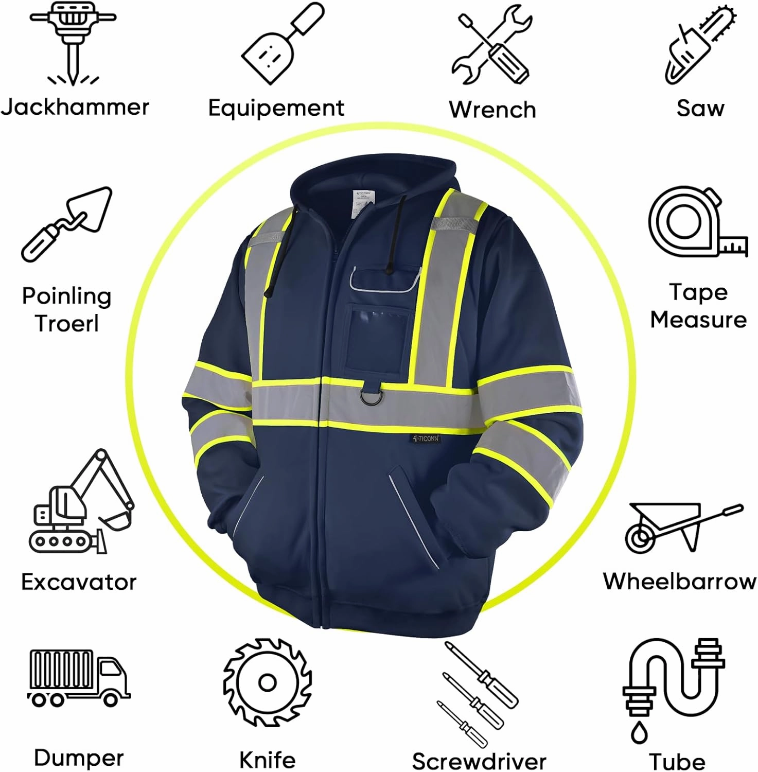 TICONN Safety Hoodie Jacket, High Vis Reflective Safety Fleece Hoodie, PPE Gear for Cold Weather Meet ANSI III