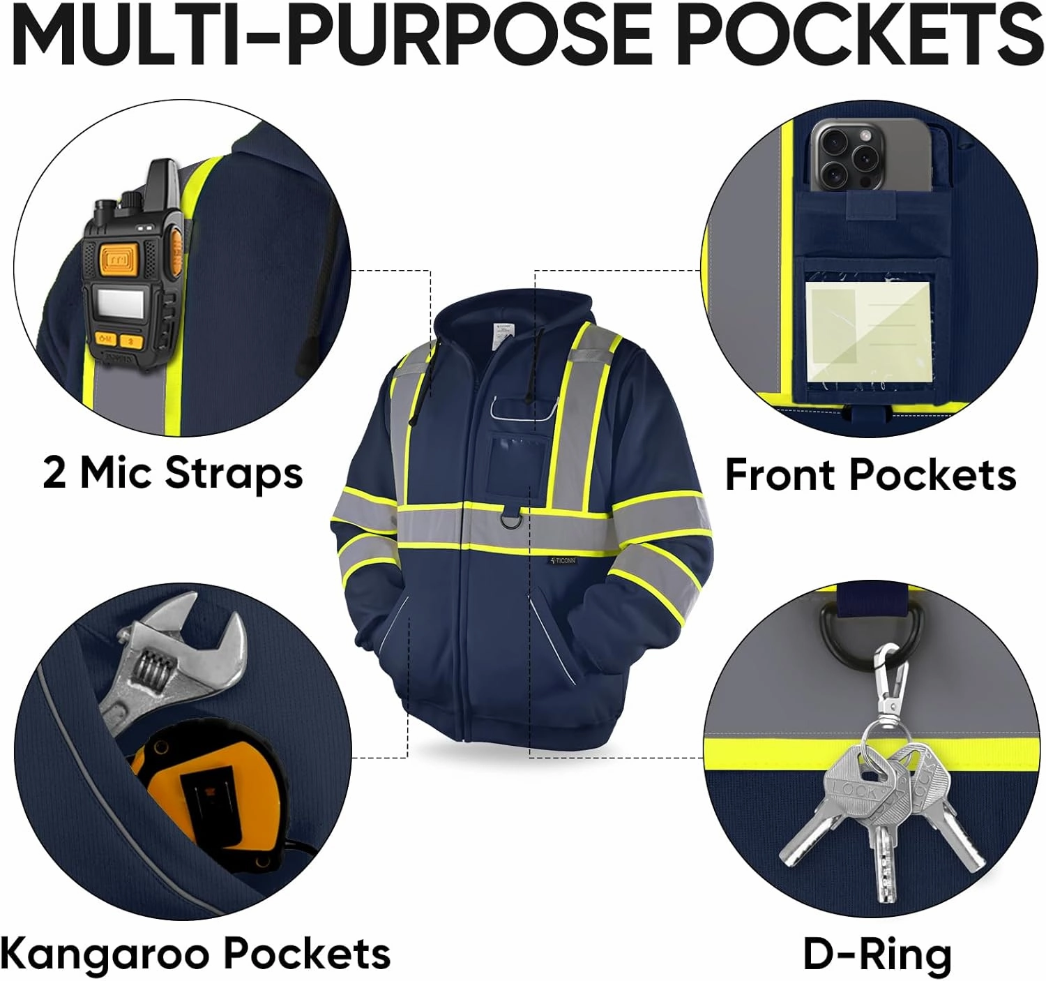 TICONN Safety Hoodie Jacket, High Vis Reflective Safety Fleece Hoodie, PPE Gear for Cold Weather Meet ANSI III
