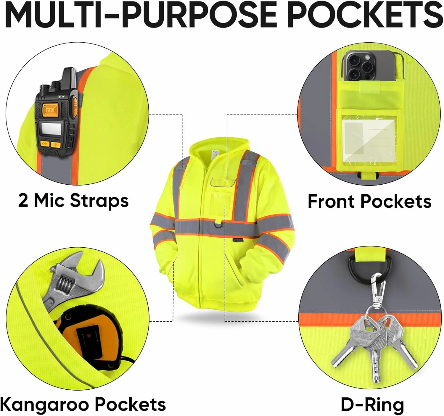 TICONN Safety Hoodie Jacket, High Vis Reflective Safety Fleece Hoodie, PPE Gear for Cold Weather Meet ANSI III