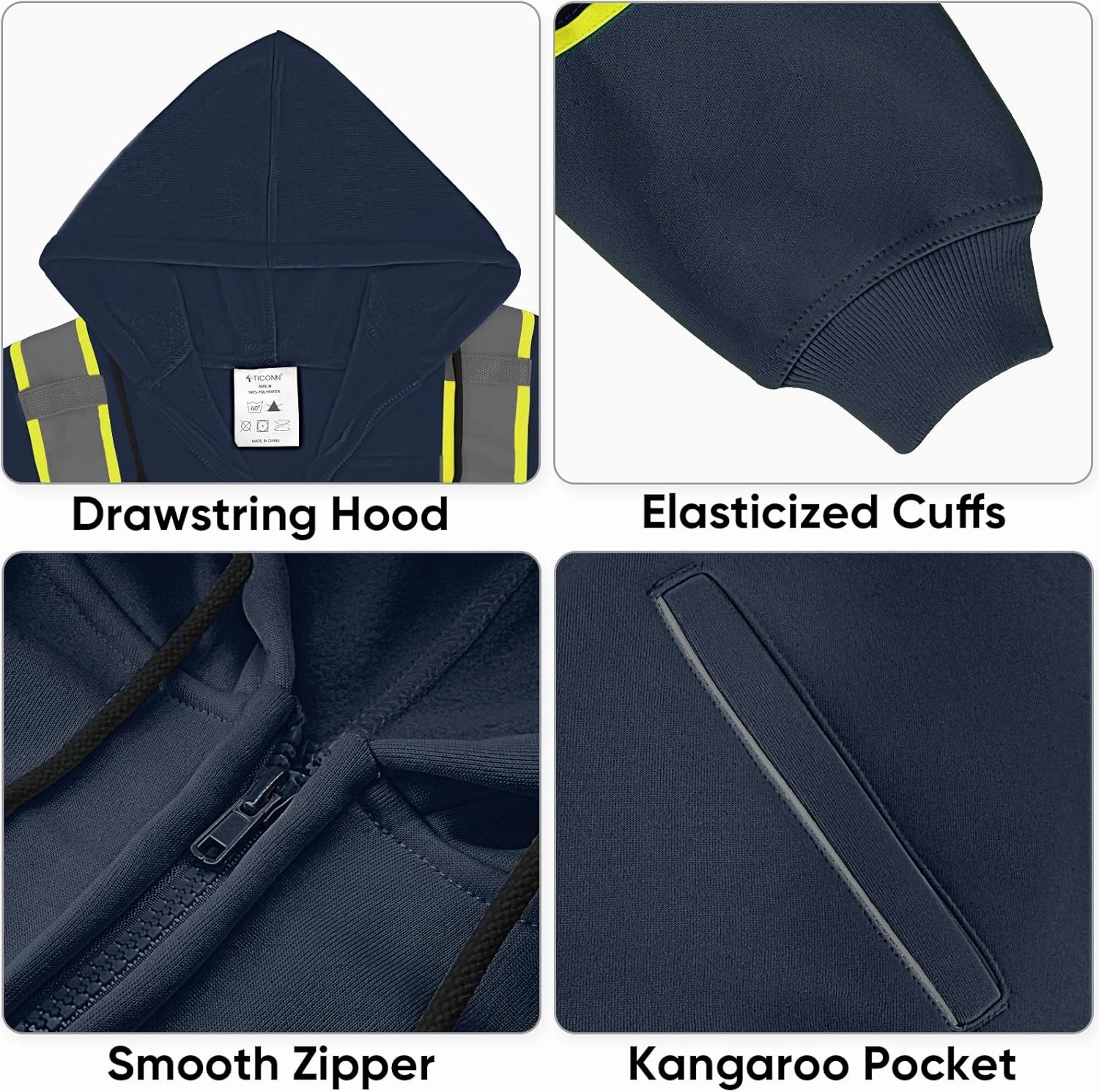 TICONN Safety Hoodie Jacket, High Vis Reflective Safety Fleece Hoodie, PPE Gear for Cold Weather Meet ANSI III