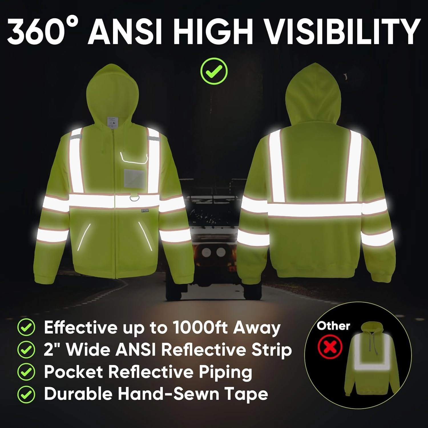 TICONN Safety Hoodie Jacket, High Vis Reflective Safety Fleece Hoodie, PPE Gear for Cold Weather Meet ANSI III